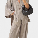 Eli Oversize Zestaw Top z Dekoltem w Serek i Spodnie Proste