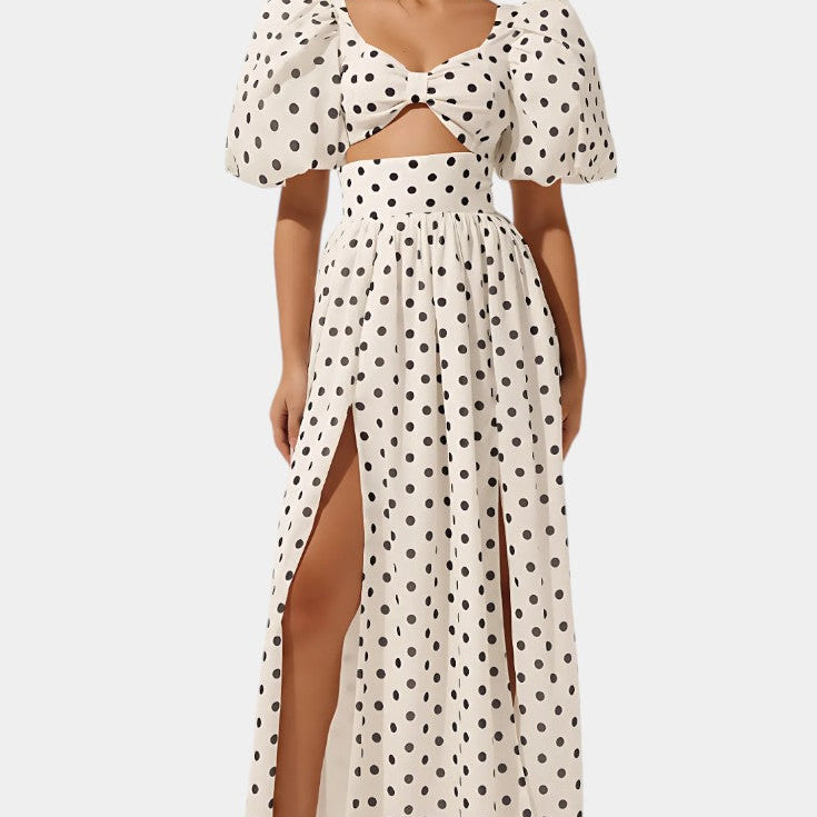 Sherine Zestaw Spódnicy i Topu w Kropki z Bufiastymi Rękawami