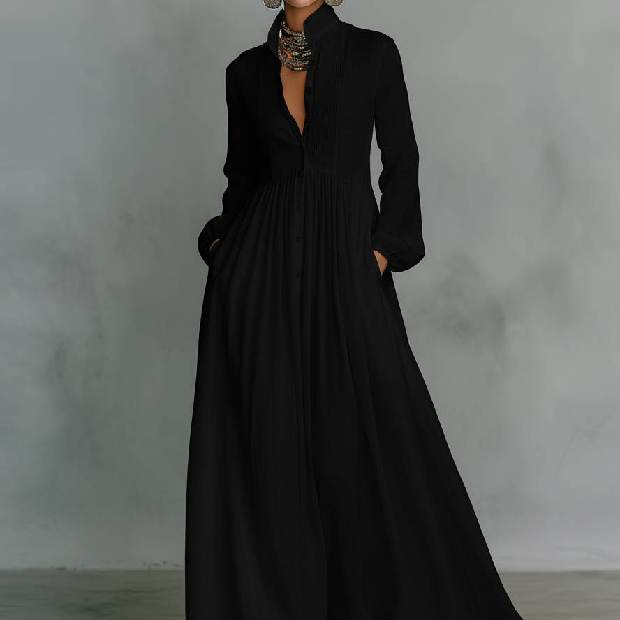 Alba | Sukienka Maxi Patchwork z Wysokim Kołnierzem