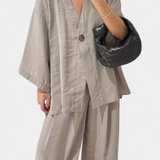 Eli Oversize Zestaw Top z Dekoltem w Serek i Spodnie Proste