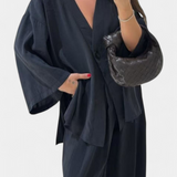 Eli Oversize Zestaw Top z Dekoltem w Serek i Spodnie Proste