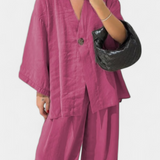 Eli Oversize Zestaw Top z Dekoltem w Serek i Spodnie Proste