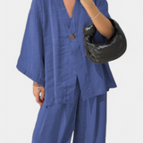 Eli Oversize Zestaw Top z Dekoltem w Serek i Spodnie Proste