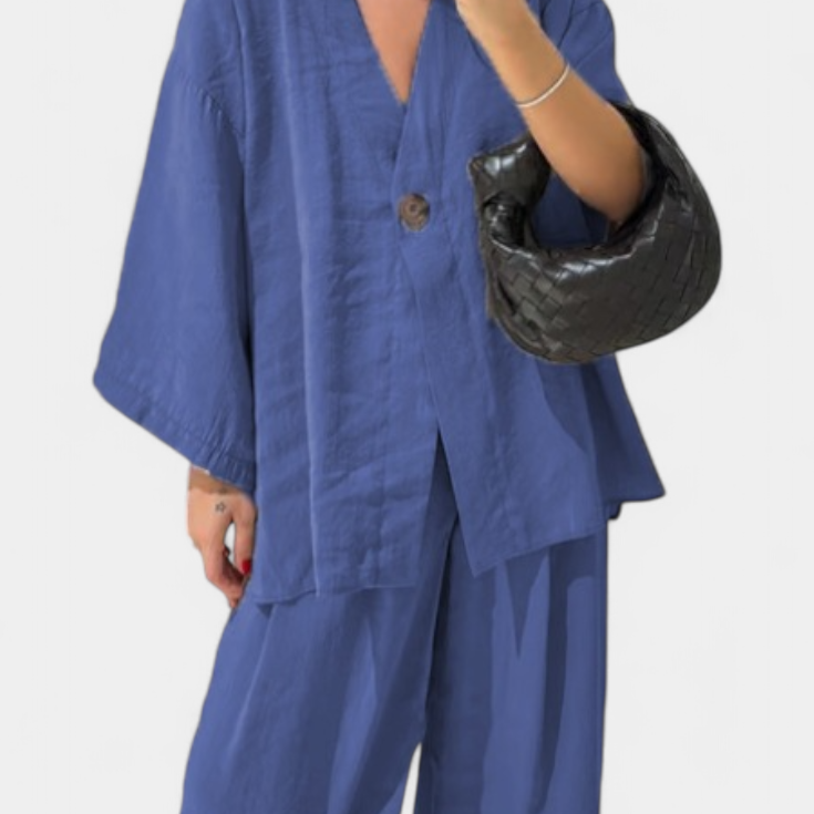 Eli Oversize Zestaw Top z Dekoltem w Serek i Spodnie Proste