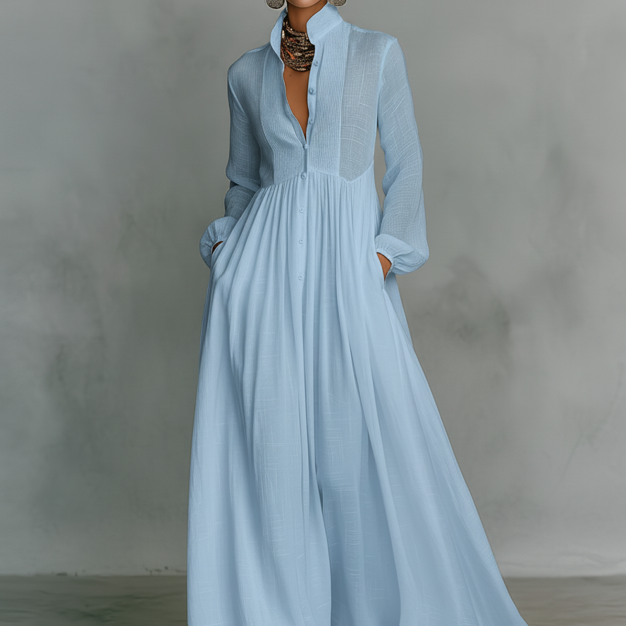 Alba | Sukienka Maxi Patchwork z Wysokim Kołnierzem