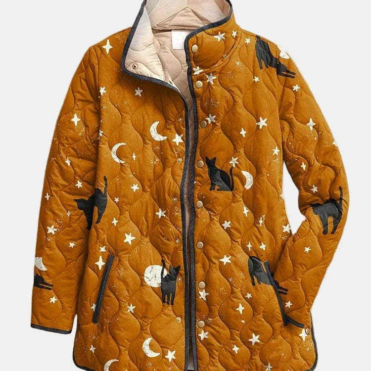 Eira | Casual Czarna Kotka Halloween Print Pikowana Kurtka