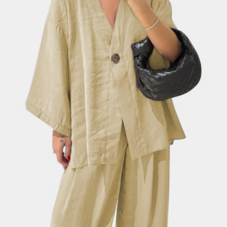 Eli Oversize Zestaw Top z Dekoltem w Serek i Spodnie Proste
