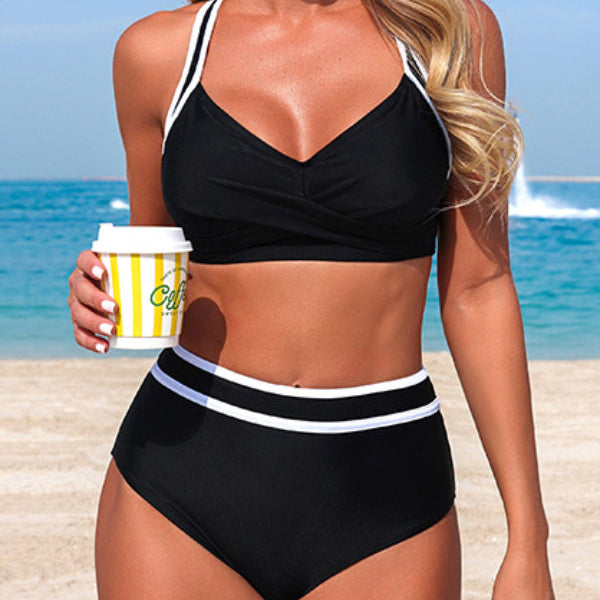 Bikini dwuczęściowe z wysokim stanem w paski i kontrastowym wzorem