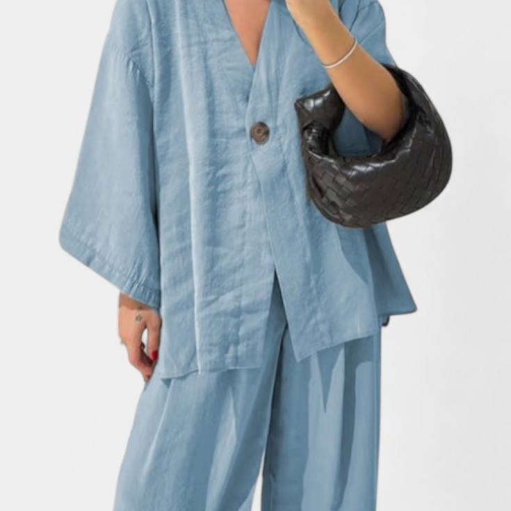 Eli Oversize Zestaw Top z Dekoltem w Serek i Spodnie Proste