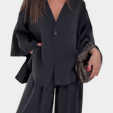 Eli Oversize Zestaw Top z Dekoltem w Serek i Spodnie Proste