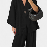 Eli Oversize Zestaw Top z Dekoltem w Serek i Spodnie Proste